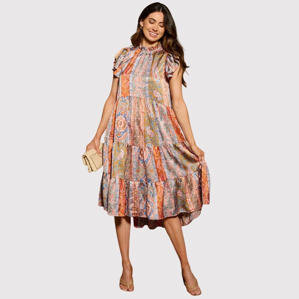 Pinch Womens Dress Brown Midi Tiered Floral Flutter Flowy A Line Boho Medium